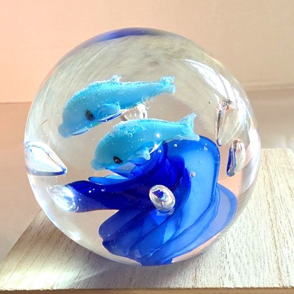 Vintage Art Glass Dolphin Paperweight Ocean waves Blue Swirl